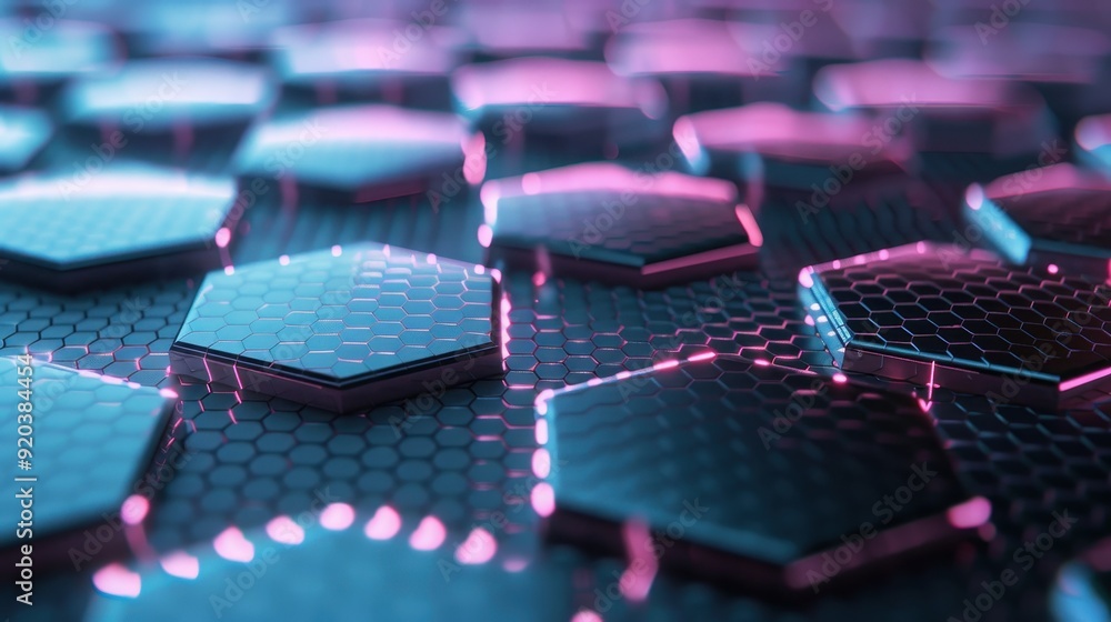 Poster a close-up view of modern hexagonal patterns with vibrant lighting, showcasing a futuristic and abst