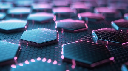 Fototapeta premium A close-up view of modern hexagonal patterns with vibrant lighting, showcasing a futuristic and abstract design.