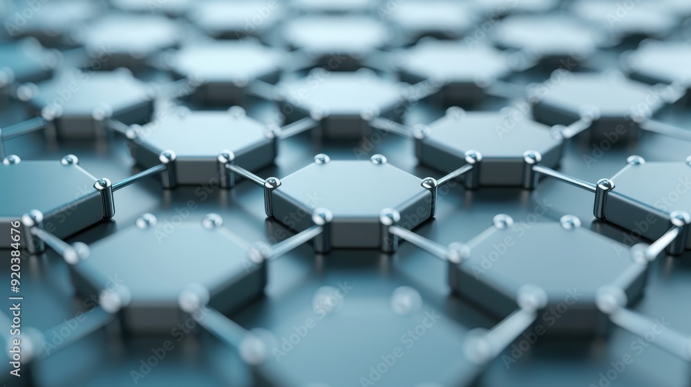 Poster close-up view of a hexagonal pattern with metallic sheen, showcasing modern design and technology in