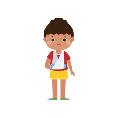 kid injured with broken arm in gypsum. cute cartoon disabled character broken arm in plaster. isolated on white background Vector illustration