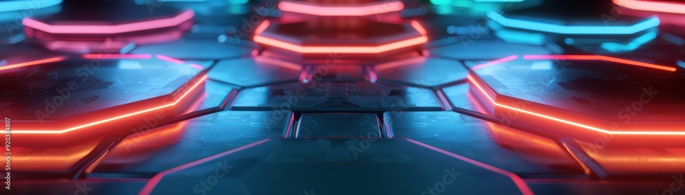 Poster futuristic hexagonal patterns with glowing neon lights in vibrant colors, perfect for tech-inspired 
