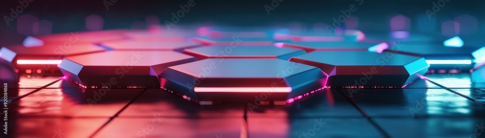 Poster futuristic hexagonal shapes with glowing neon lights on a sleek surface create a vibrant digital atm