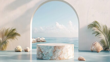 240804 163. Tie-dye effect background with bohemian-inspired patterns, terrazzo pattern pedestal with embedded seashells, cylindrical stand podium for displaying the product on any background in any
