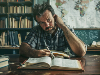  Tired Male Teacher With Stack Of Books At Desk.