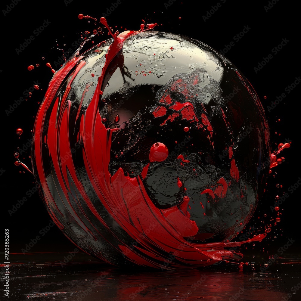 Poster a captivating 3d rendering of a perfect sphere, surrounded by vibrant red paint that contrasts with 
