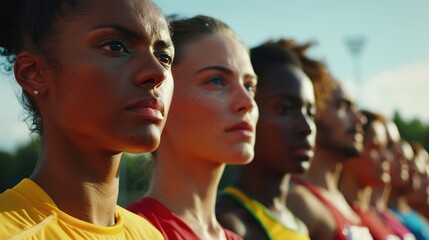A diverse group of athletes from different cultural backgrounds, standing together on a track field, ready to compete with determination in their eyes.
