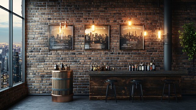 240804 178. Exposed brick wall background with vintage posters, copper pipe frame stand incorporating reclaimed wood accents, cylindrical stand podium for displaying the product on any background in