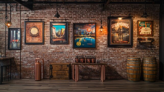 240804 178. Exposed brick wall background with vintage posters, copper pipe frame stand incorporating reclaimed wood accents, cylindrical stand podium for displaying the product on any background in