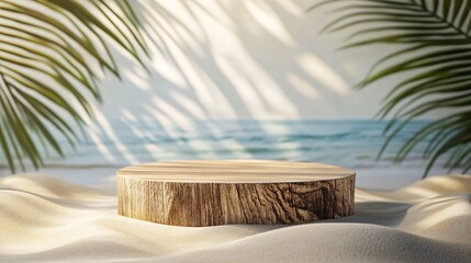 Obraz premium 240804 182. Natural beauty product concept, driftwood platform with smooth weathered surface, cylindrical stand podium for displaying the product on any background in any environment, sand texture