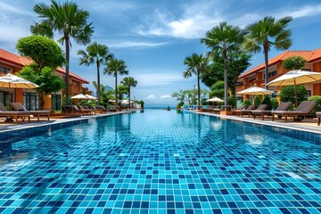 Serene Tropical Resort Pool with Lush Surroundings and Clear Blue Skies