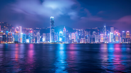  a vibrant cityscape at night, likely featuring a waterfront with reflections of the city lights on the water The skyscrapers are illuminated in various colors, creating a striking  contrast