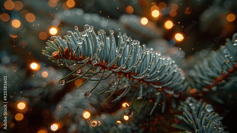 Poster close-up of evergreen tree branch adorned with droplets and warm bokeh lights during winter
