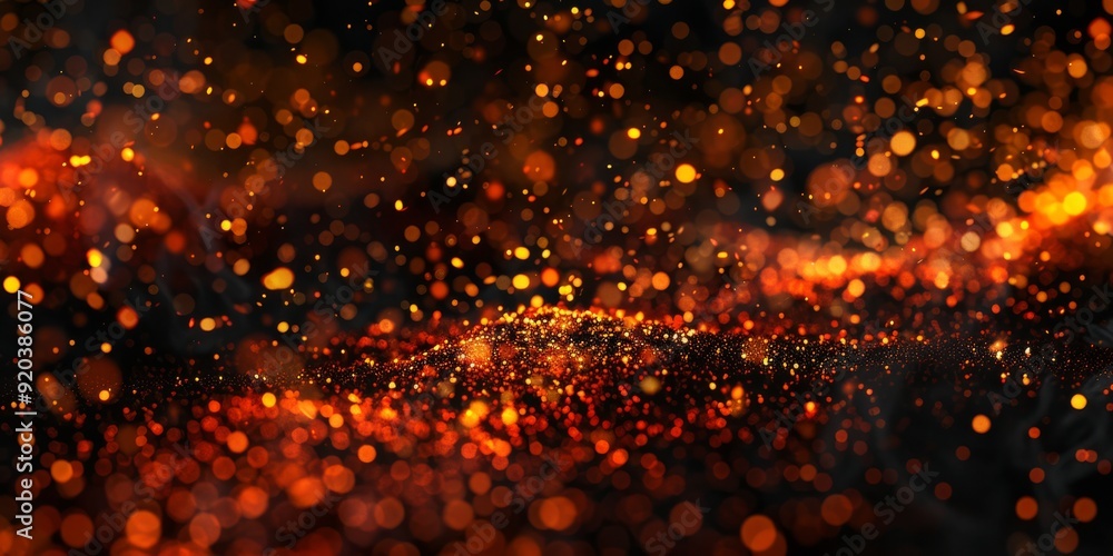 Poster a captivating display of warm golden and vibrant orange particles creating a dreamy bokeh effect tha