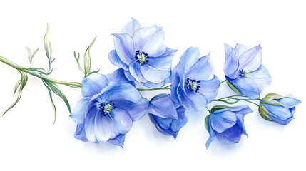 A delicate watercolor illustration of blue flowers with soft petals and green stems.