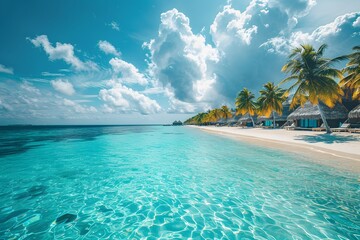 Fototapeta premium Serene Tropical Paradise with Crystal Clear Waters and Lush Palm Trees