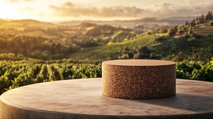 Obraz premium 240804 235. Cylindrical stand podium for displaying the product on any background in any environment with cork texture, wine cork board surroundings, immersive Tuscan vineyard landscape, sustainable
