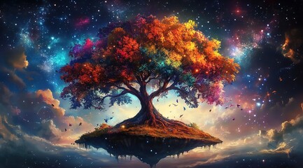 
A large tree with colourful leaves on an island in the sky, stars and galaxies
