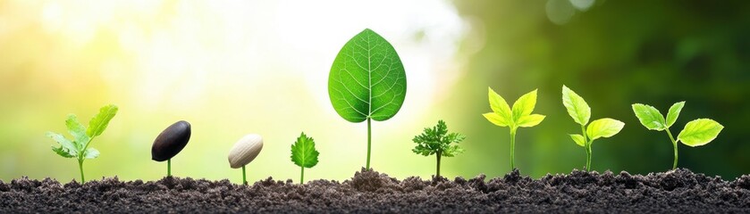 Obraz premium Evolution of Growth - Plant Progression from Seed to Tree in Watercolor Style with Copy Space for Text