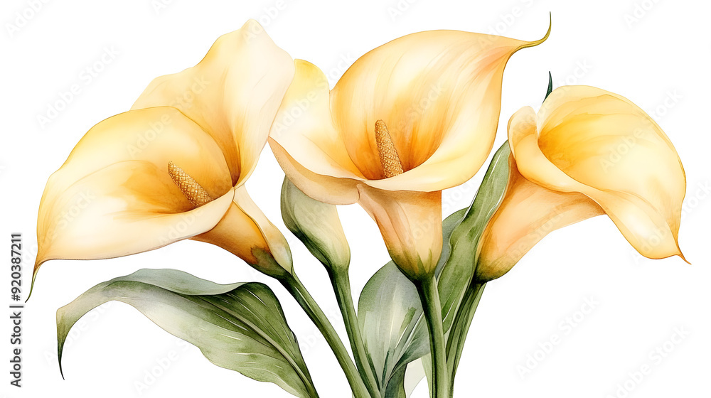 Poster A beautiful illustration of three yellow calla lilies with green leaves.