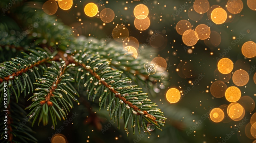 Poster close-up of evergreen branch with dew drops against a blurred backdrop of golden bokeh lights during