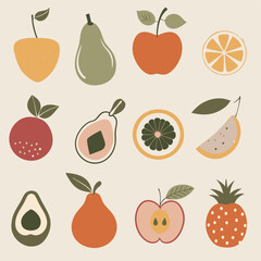 Set of different fruits icon. Collection of organic vitamins and healthy nutrition fruits,orage,banana, peach, apple,avocado.