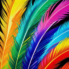 Fototapeta premium Colorful feathers. Pattern for printing on wall decorations, covers, leaflets, business cards. Oil paint