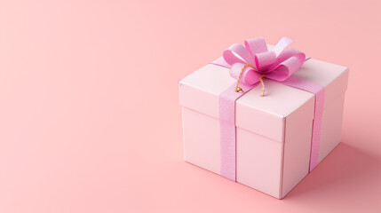 Pink gift box on a pink background. Top view, space for text.