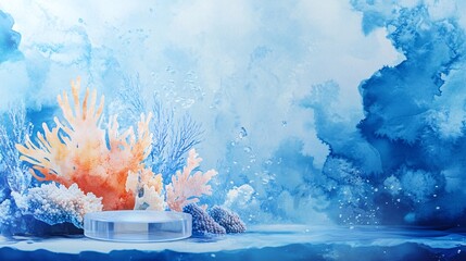 240804 126. Coral reef underwater scene, artistic product showcase with acrylic display riser, cylindrical stand podium for displaying the product on any background in any environment, watercolor
