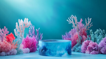 240804 127. Watercolor wash backdrop, cylindrical stand podium for displaying the product on any background in any environment, acrylic display riser with coral reef underwater scene, artistic