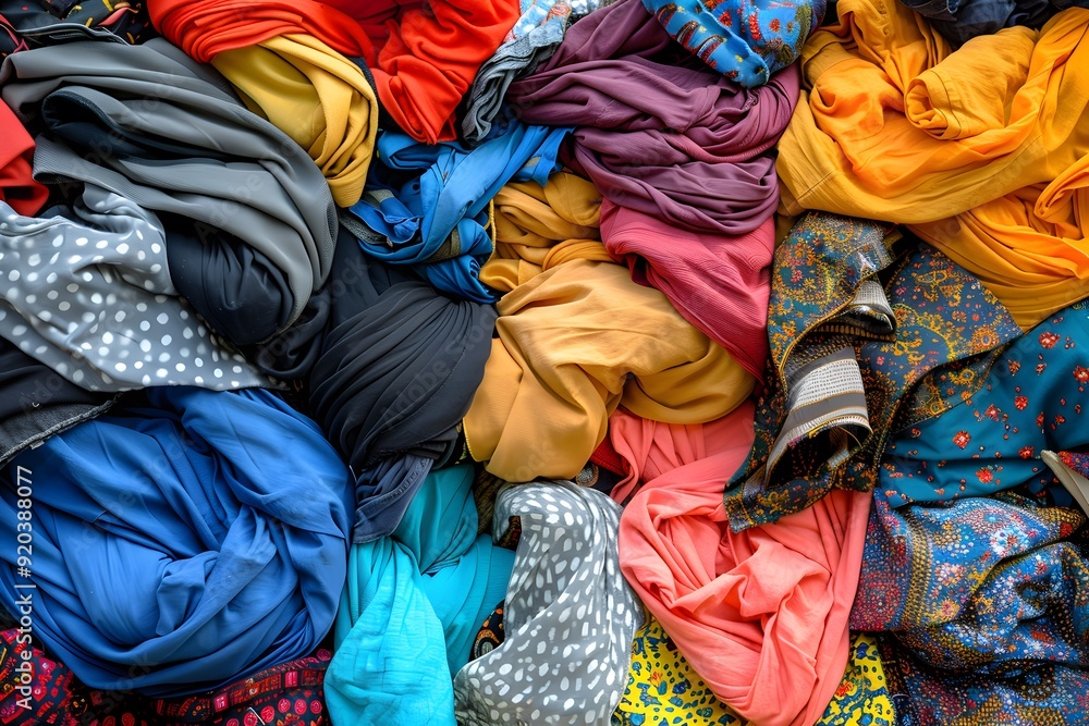 Poster a colorful array of textiles: vibrant fabrics piled together