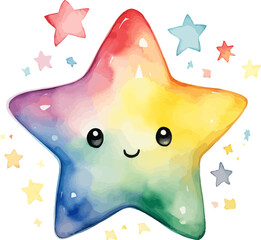 Cute Little Kawaii Star Rainbow Watercolor Vector Illustration.