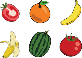 set of fruits and vegetables, consisting of oranges, bananas, watermelon and tomatoes