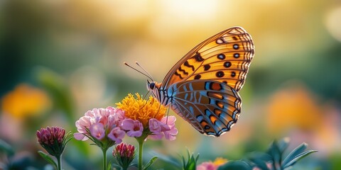 Obraz premium Vibrant Butterfly Landing on Colorful Flower with Blurred Background, generative ai