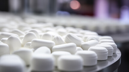 Close-up of white pills being processed on a production line in a medical and beauty company