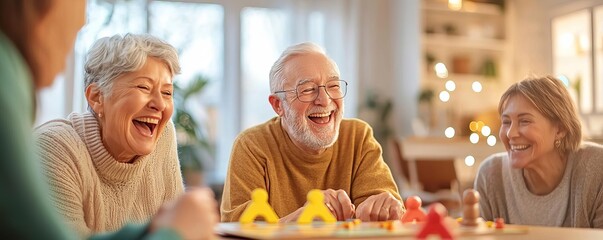 Seniors laughing while playing a board game in a cozy living room, warm lighting, diverse group, joyful expressions, senior group activity, family time concept