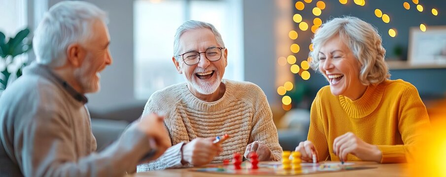 Seniors laughing while playing a board game in a cozy living room, warm lighting, diverse group, joyful expressions, senior group activity, family time concept