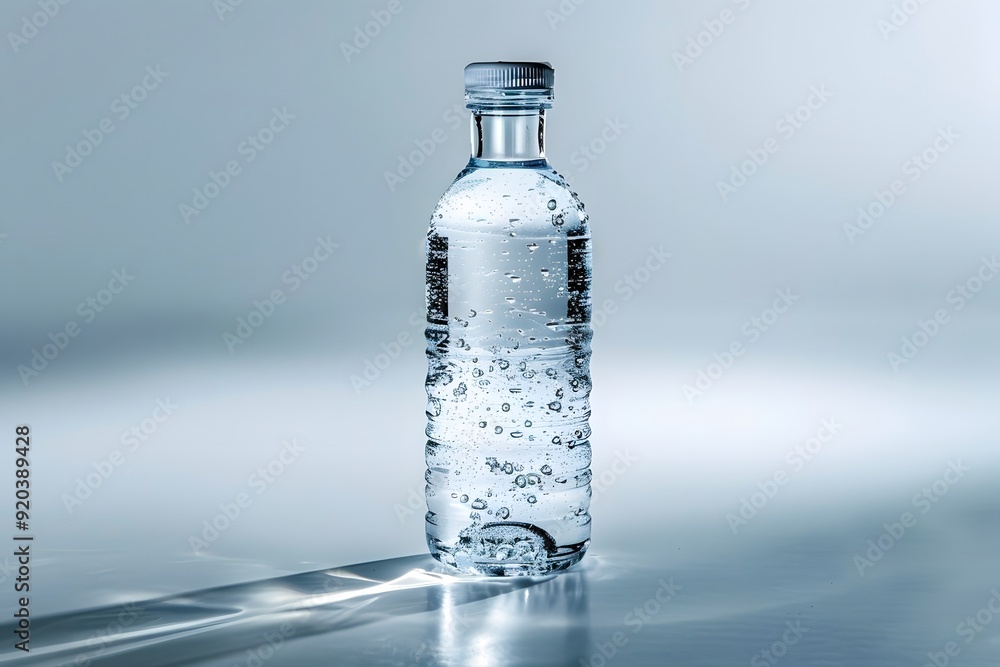 Poster refreshing sparkling water bottle with bubbles on a soft background