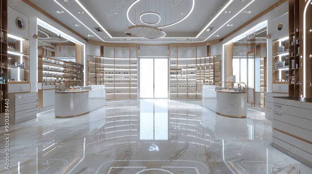 Poster a large, empty store with white walls and a large circular chandelier