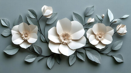 A decorative arrangement of elegant paper flowers and leaves in a soft color palette.