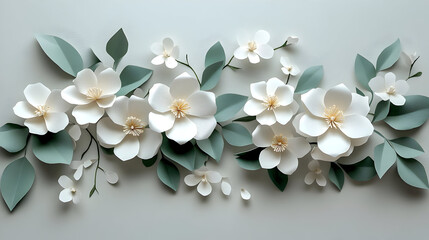 A decorative arrangement of white flowers and green leaves in a paper art style.