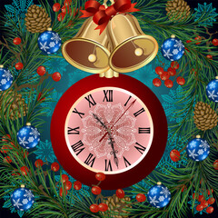 Naklejka premium Beautiful clock in a Christmas wreath.Christmas decorations with balls, clocks and bells on a Christmas wreath in color vector illustration.