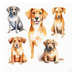 Set of watercolor colorful cartoon dogs, hand drawn illustration isolated on white background