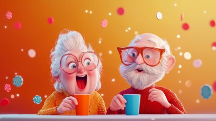 Elderly people in a bingo hall, joyful expressions, 3D illustration