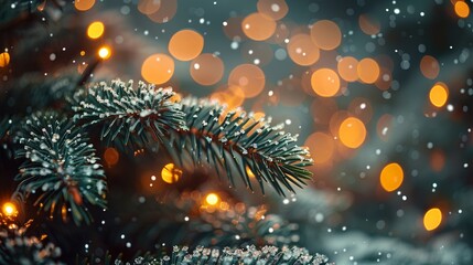 Fototapeta premium A snowy winter evening with twinkling lights on a pine tree