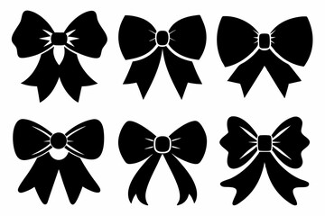 Bow icon. Set of different black gift bow isolated. Gift bow icon drawing. Set of black and white bows clipart. Monochrome hand drawn ribbon bows.