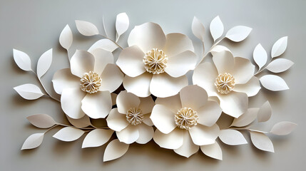 A decorative arrangement of white paper flowers and leaves, showcasing intricate design.