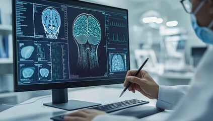 Doctor analyzing brain and skull scans using AI technology in a medical facility