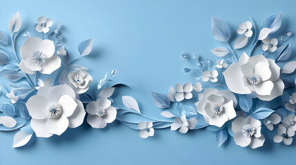 A serene arrangement of white and blue paper flowers on a light blue background.