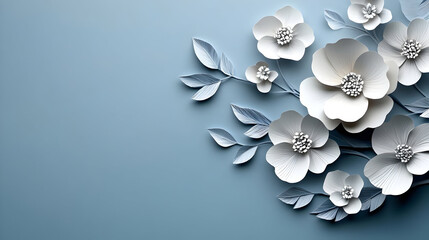 A serene design featuring elegant paper flowers and leaves on a soft blue background.