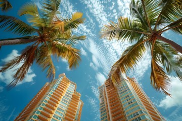 Fototapeta premium Tropical Paradise: Palm Trees and Skyscrapers Under a Blue Sky